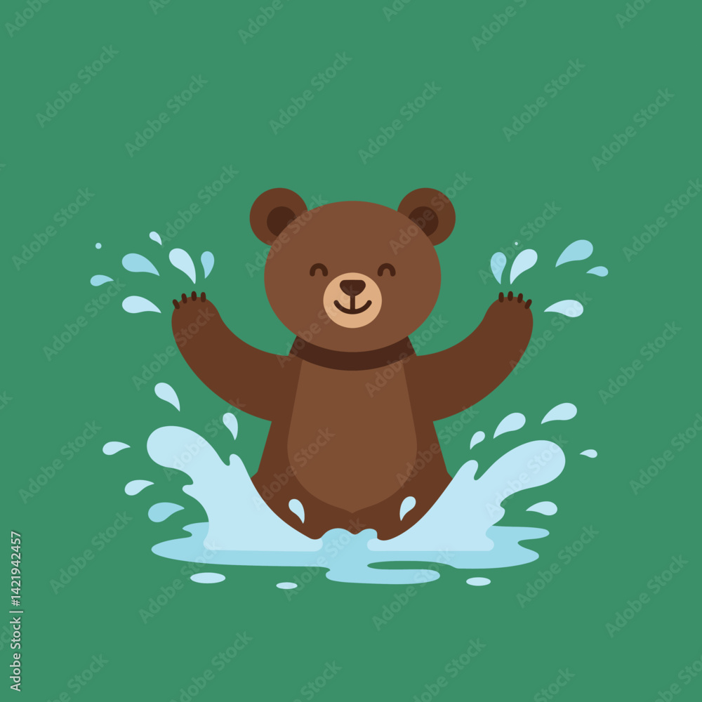 Obraz premium Brown bear splashing water happily on green background cheerful playful animal illustration 