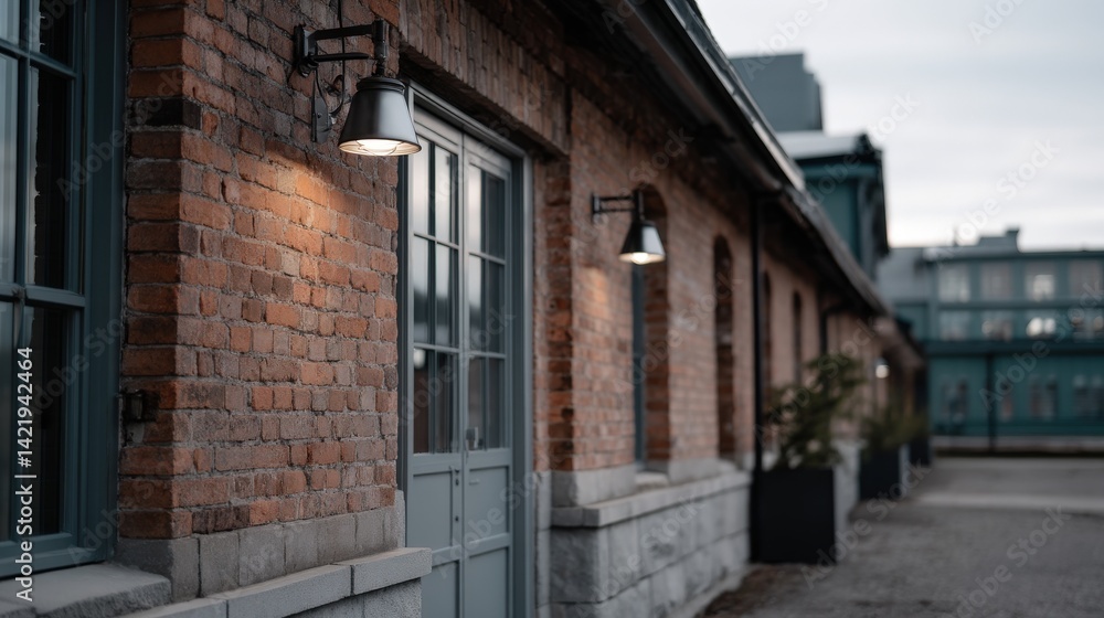 Brick Building Exterior with Gray Doors and Wall Lights