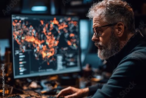 In a dimly lit room, a cybersecurity expert diligently analyzes complex digital threats displayed on a high-tech monitor The screen flickers with a map adorned with ominous red hotspots, visualizing