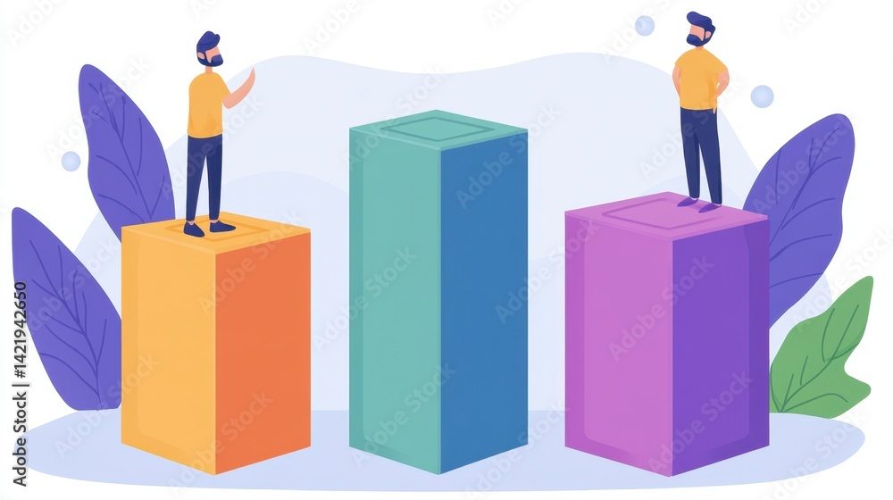 Two men stand atop colorful 3D bar graph blocks, set against a soft background with leaves. Pixel art style. Two men stand atop colorful 3D bar graph blocks, set against a soft background with leaves. Pixel art style.
