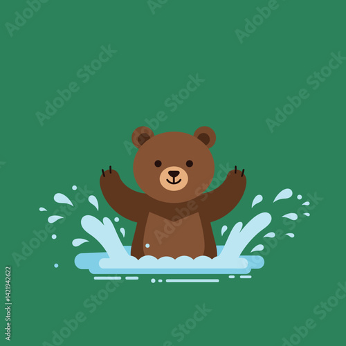 Brown bear splashing water playfully in forest pond with green background vector illustration 