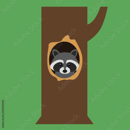 Raccoon peeking from tree hollow in green forest background simple flat design cartoon style 