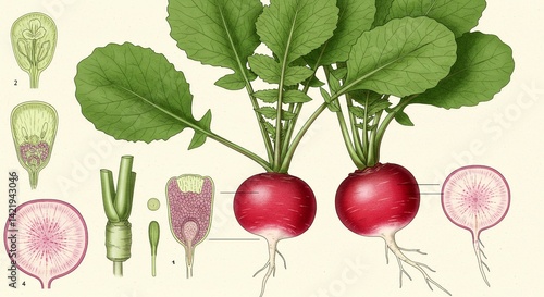 Botanical Illustration of Radish Featuring Detailed Root Structure and Leaf Arrangement on Light Background