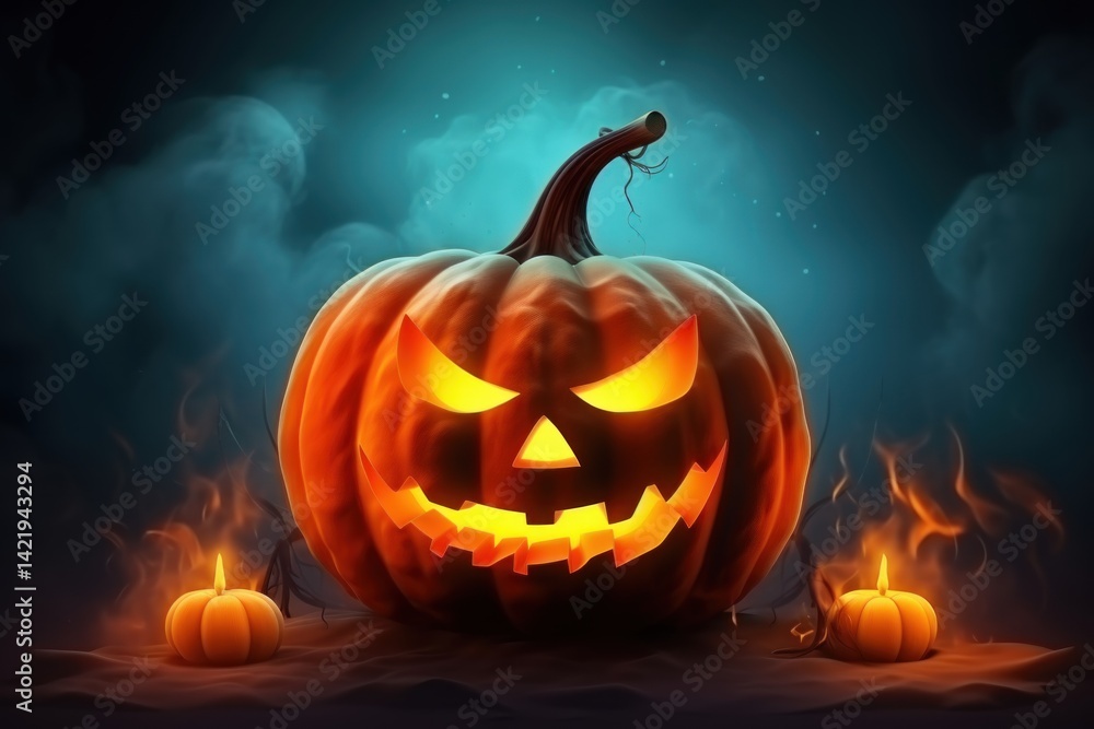 Halloween pumpkin with smoke on wooden background 3d illustration for your design. Halloween Postcard. Halloween Concept. Halloween Jack-o'-lantern Greeting Card with copy space Halloween pumpkin with smoke on wooden background 3d illustration for your design. Halloween Postcard. Halloween Concept. Halloween Jack-o'-lantern Greeting Card with copy space