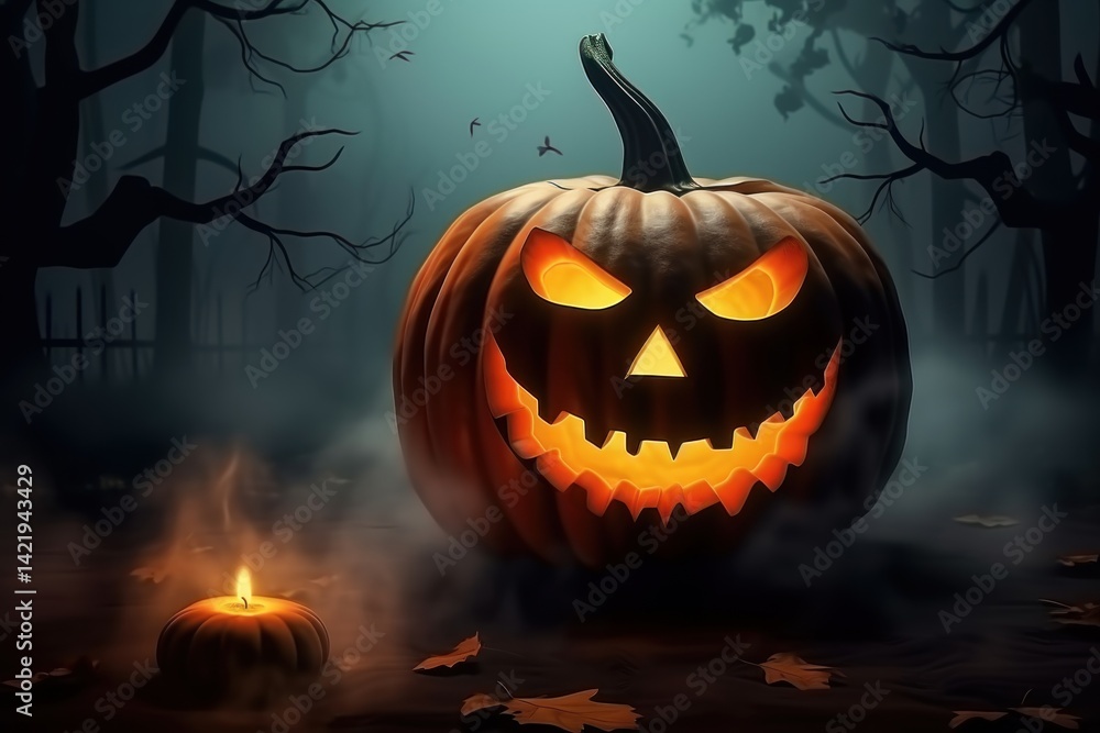 Halloween pumpkin with smoke on wooden background 3d illustration for your design. Halloween Postcard. Halloween Concept. Halloween Jack-o'-lantern Greeting Card with copy space Halloween pumpkin with smoke on wooden background 3d illustration for your design. Halloween Postcard. Halloween Concept. Halloween Jack-o'-lantern Greeting Card with copy space