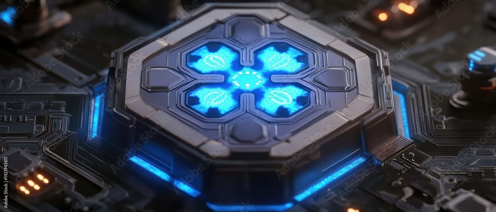 Fototapeta premium Futuristic Tech Core: A Close-Up of a Glowing Hexagonal Device Embedded in a Complex Circuit Board