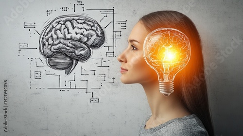 Woman with glowing lightbulb brain and sketched brain on wall. Conceptual image of ideas, innovation, and intelligence.