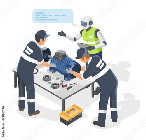 AI-powered assistant guiding industrial technicians during machine maintenance to enhance accuracy, efficiency, and precision in modern manufacturing operations ai work together concept