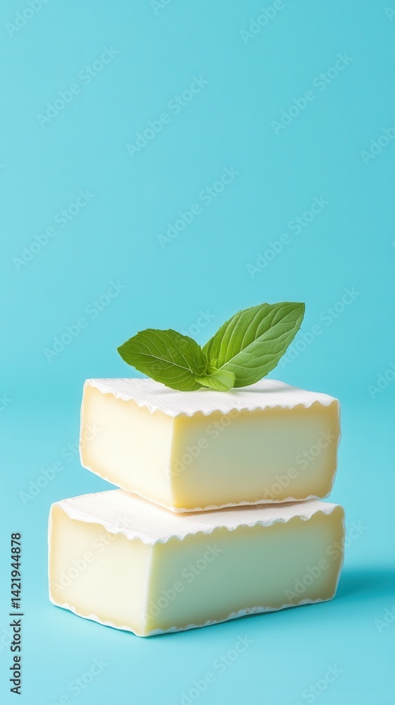 cheeese's day concept. Cheese blocks with a mint leaf on a turquoise background. cheeese's day concept. Cheese blocks with a mint leaf on a turquoise background.