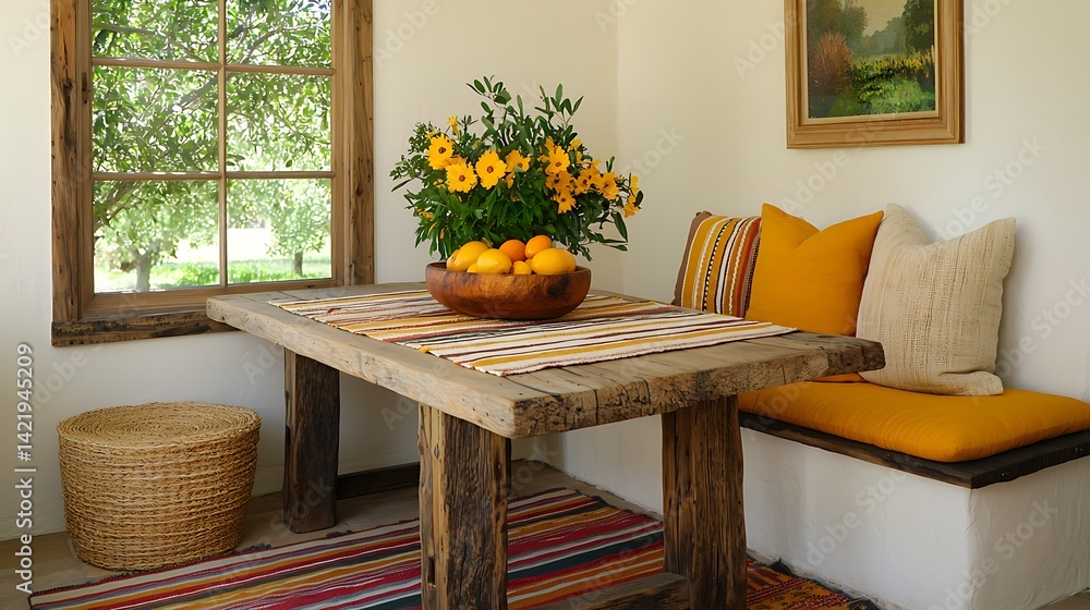 Rustic Dining Area with Reclaimed Wood Table, Yellow Flowers, and Comfortable Seating by a Bright Window.