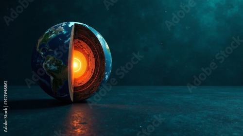 Fototapeta Naklejka Na Ścianę i Meble -  A cross-section revealing Earth's internal layers, showcasing the glowing core and vibrant tectonic plates against a dark, cosmic backdrop.