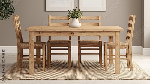 Rustic wooden dining setting featuring woven chair seats and a light-colored rug enhancing the room ambiance.