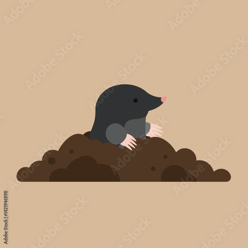 Mole emerging from soil mound in simple flat style against beige background with pink nose and dark fur 