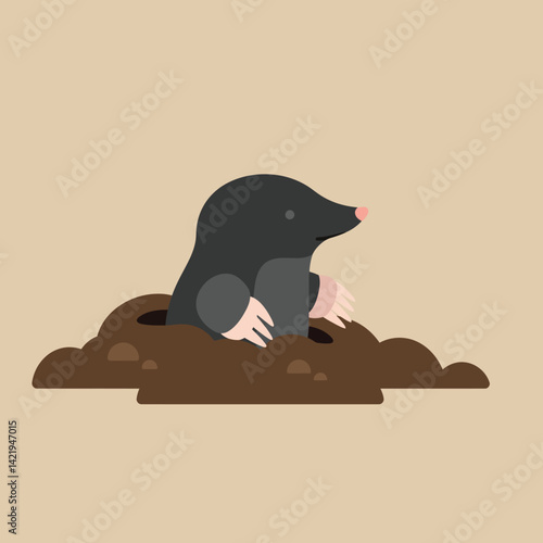 Mole emerging from soil with pink nose and claws on beige background in cute cartoon style 