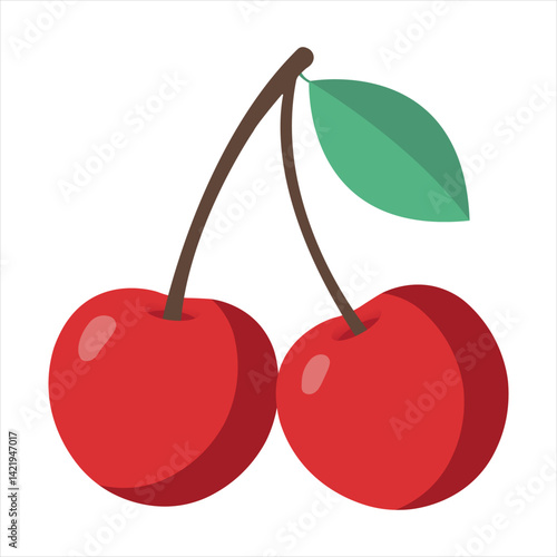 Flat style vector illustration of two red cherries with a green leaf. Clean and minimal fruit design ideal for packaging, branding, web, and print materials.