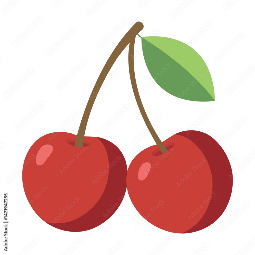 Flat style vector illustration of two red cherries with a green leaf. Clean and minimal fruit design ideal for packaging, branding, web, and print materials. Flat style vector illustration of two red cherries with a green leaf. Clean and minimal fruit design ideal for packaging, branding, web, and print materials.
