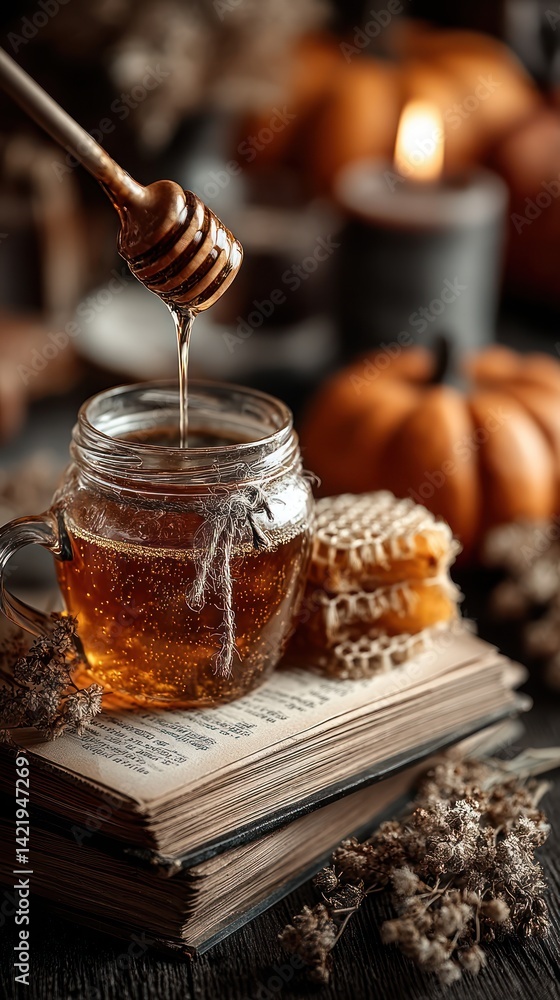Honey drizzled from dipper onto jar, beside books and pumpkins Honey drizzled from dipper onto jar, beside books and pumpkins
