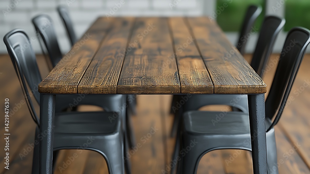 Rustic Wooden Table with Metal Chairs, Interior Design Focus on Dining Area, Minimalist Furniture Arrangement for Modern Home Styling.