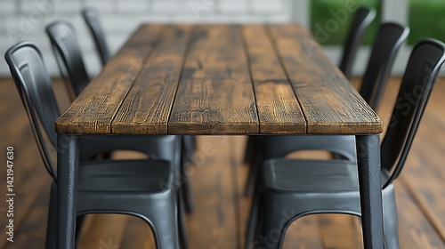 Obraz na płótnie Rustic Wooden Table with Metal Chairs, Interior Design Focus on Dining Area, Minimalist Furniture Arrangement for Modern Home Styling. w salonie