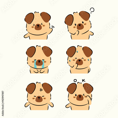 Hand Drawn Cute Cartoon Dog with Different Emotions Vector Set