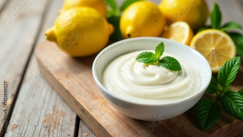 Creamy Yogurt Dip with Fresh Lemons and Mint Leaves on Rustic Wooden Board