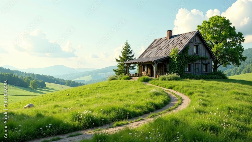 Rustic Wooden House on a Verdant Hilltop with a Winding Path, Surrounded by Lush Green Grass and a Scenic Mountain View Rustic Wooden House on a Verdant Hilltop with a Winding Path, Surrounded by Lush Green Grass and a Scenic Mountain View