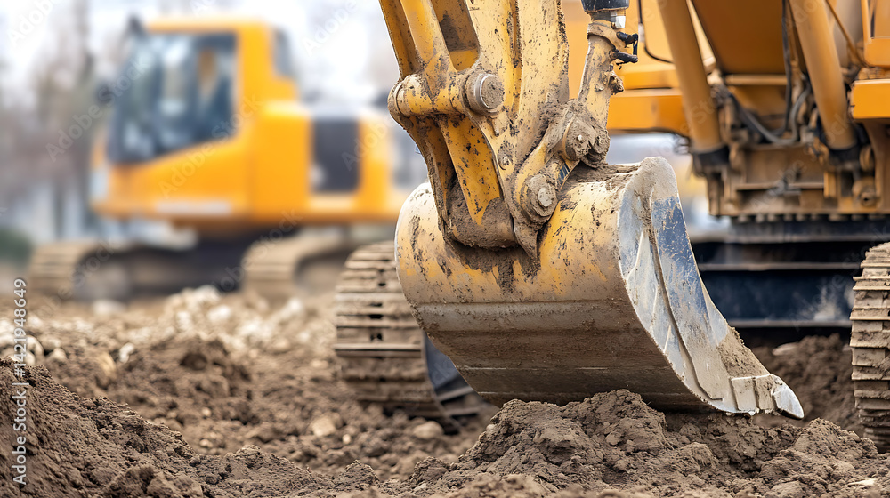 Fototapeta premium Construction Excavator Digging Soil at a Work Site