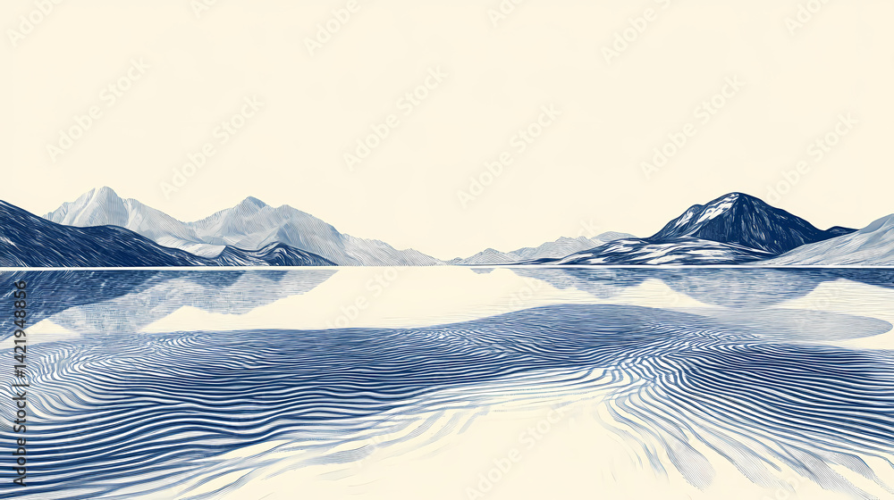 Serene lake landscape with mountains in the distance and distinctive wake of ripples in blue and white tones. minimalistic, calming. Faded Ripples. Illustration