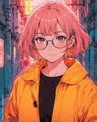 Stylish anime girl with pink hair, glasses, and a yellow coat, ideal for modern character design or youth lifestyle themes.