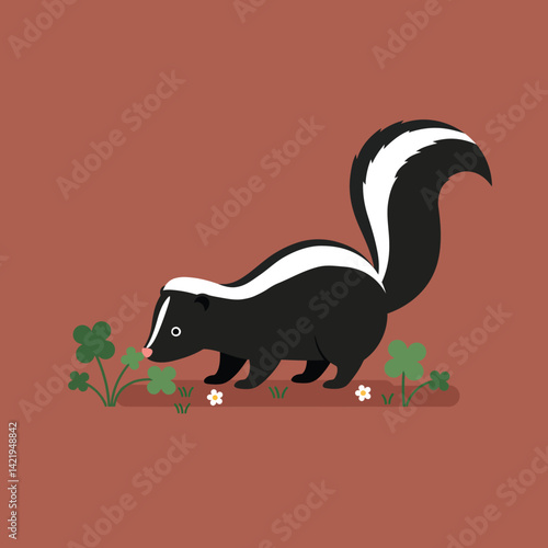 Skunk on brown background with green plants and white flowers in simple nature illustration style 