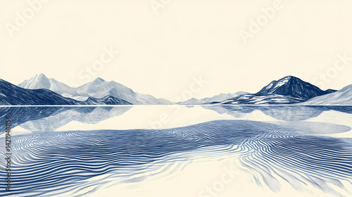 Obraz na płótnie Serene lake landscape with mountains in the distance and distinctive wake of ripples in blue and white tones. minimalistic, calming. Faded Ripples. Illustration w salonie
