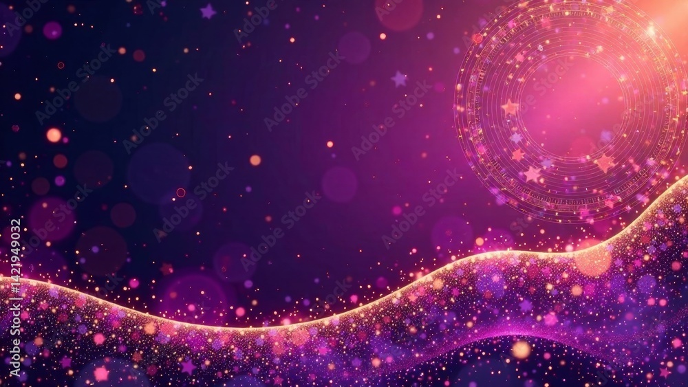 Abstract Purple and Gold Sparkle Wave Background with Celestial Design Abstract Purple and Gold Sparkle Wave Background with Celestial Design
