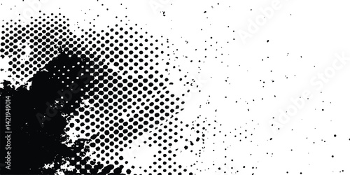 Grunge black and white distress. Dot texture background. Halftone dotted grunge texture. Grunge texture on distress back background. Glitch distorted grange shape. Dust and dots screen print texture.