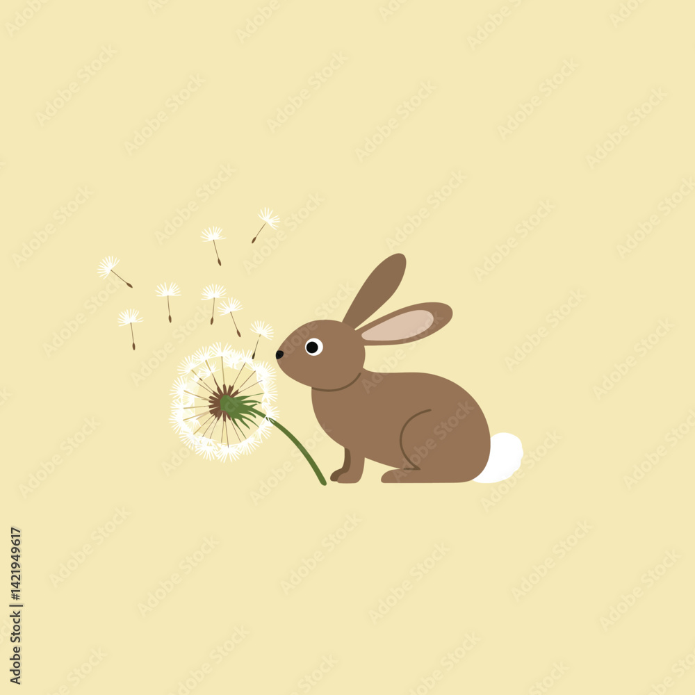 Fototapeta premium Brown rabbit interacting with dandelion seeds on pale yellow background in simple nature illustration