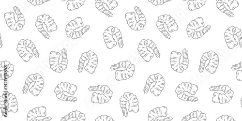 Seamless Tempura Shrimp Doodle Pattern background. Seafood Pattern Design. Fried Shrimp Seamless pattern Background. Crunchy Tempura Doodle Pattern.