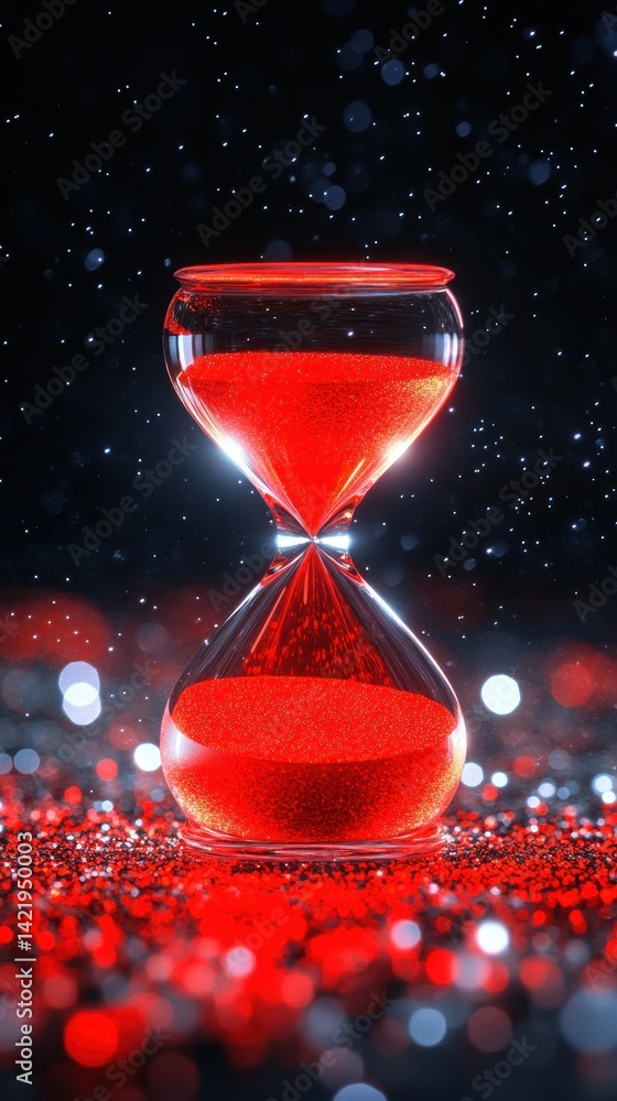 Red Hourglass on Glittering Surface: Time's Passage in Vivid Hues