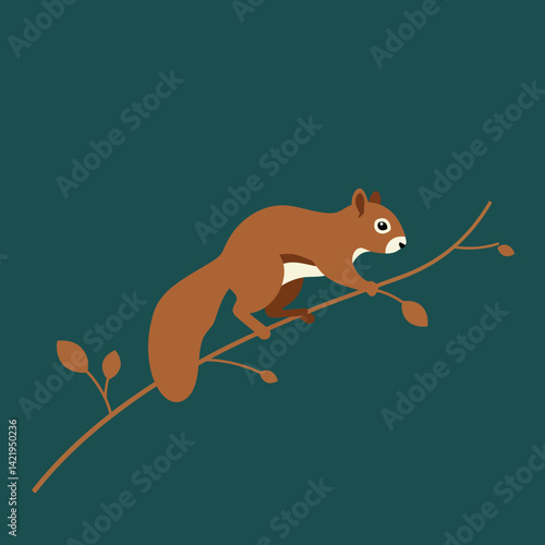 Red squirrel climbing on bare brown branch with green background simple vector illustration 