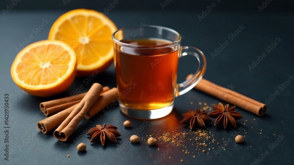 Aromatic Spiced Beverage with Citrus Slices and Cinnamon Sticks on Dark Surface Aromatic Spiced Beverage with Citrus Slices and Cinnamon Sticks on Dark Surface