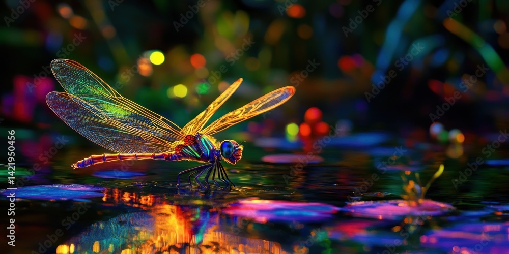 Vibrant Dragonfly by the Night Pond