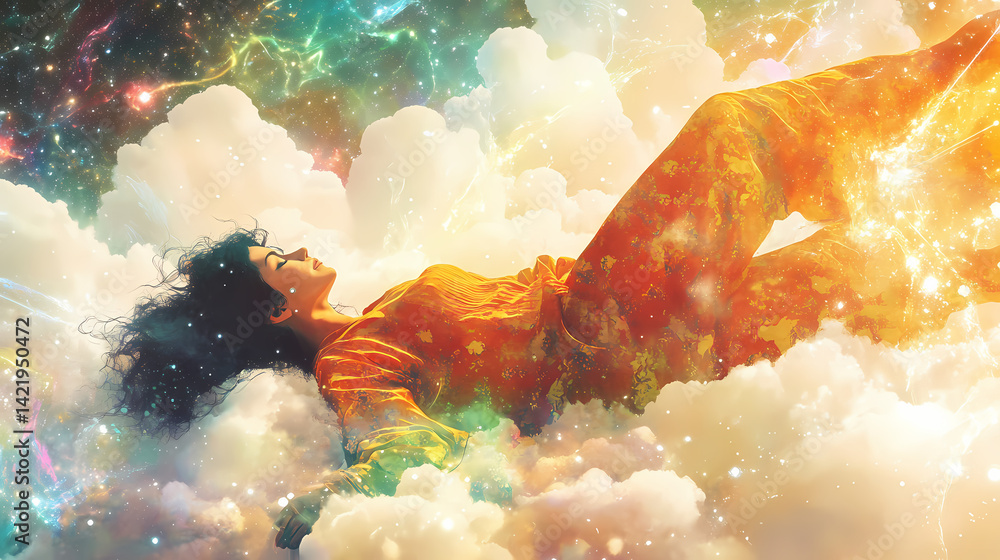 Serene woman lucid dreaming on celestial cloud bed with cosmic energy streams. Lucid Currents. Illustration