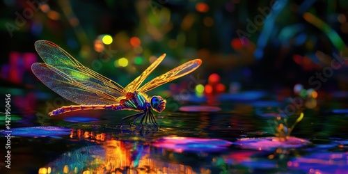 Vibrant Dragonfly by the Night Pond