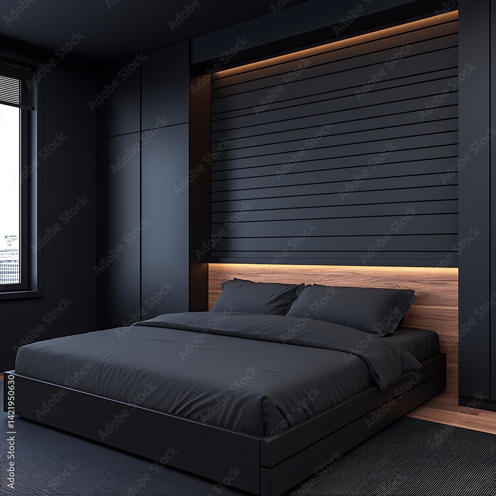 Sleek black bedroom interior: modern design with minimalist bed, wood paneling, and accent lighting creating a calming, sophisticated space.
