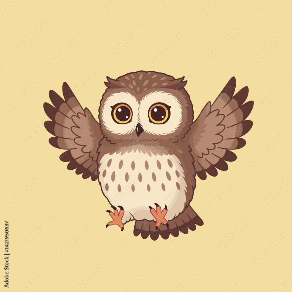 Fototapeta premium Cute cartoon owl with spread wings in brown and beige tones on light background illustration