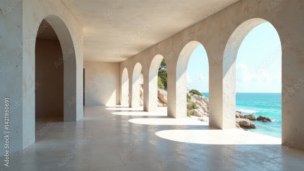 Fototapeta premium Serene Coastal Colonnade with Sunlit Archways Offering Tranquil Ocean Views