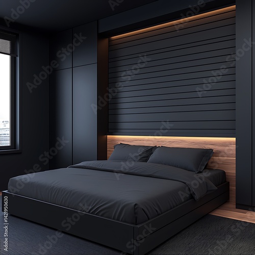 Obraz na płótnie Sleek black bedroom interior: modern design with minimalist bed, wood paneling, and accent lighting creating a calming, sophisticated space. w salonie