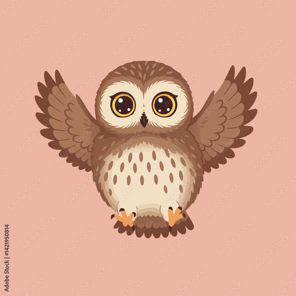 Obraz premium Cartoon owl with raised wings and big eyes on pink background digital illustration in square format 