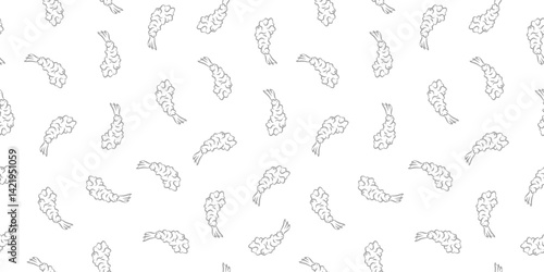 Seamless Tempura Shrimp Doodle Pattern background. Seafood Pattern Design. Fried Shrimp Seamless pattern Background. Crunchy Tempura Doodle Pattern.
