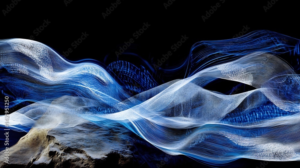 Fototapeta premium Artistic recreation of wave crashing against a rock using vivid blue and white light trails
