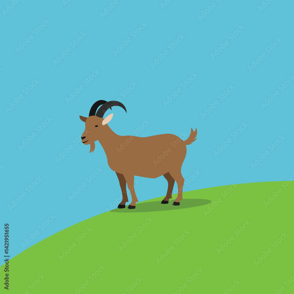 Obraz premium Goat standing on green hill under clear blue sky vector illustration with simple flat design style 