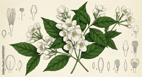 Detailed Jasminum Sambac Botanical Illustration Featuring Flower Clusters Leaf Arrangement and Cream Background For Botanical Studies And Decorative Purposes